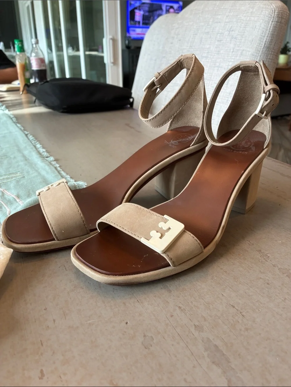 Tory Burch Taupe Suede Ankle-Strap Block Heel Sandals